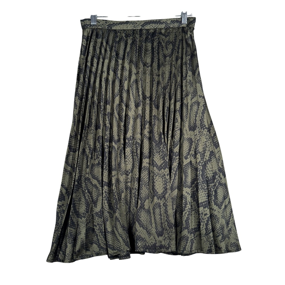Missguided‎ Snakeskin Print Pleated Midi Skirt A Line Career Party Olive Green